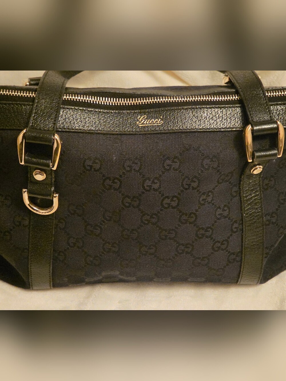 Authentic Gucci GG Black Canvas Abbey Zip Tote Shoulder Gold Hardware Bag - Picture 8 of 15